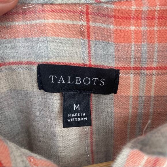 Talbots Top Womans Medium Plaid Flannel Long Sleeve Fall Classic Salomon & Gray - Picture 4 of 7